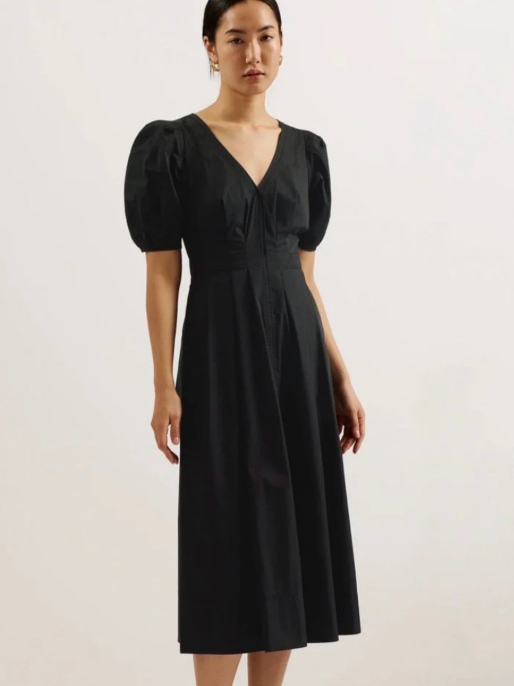 Ted Baker 10 Black V Neck Midi Dress Puff Sleeves Cotton Stretch Comfy Designer
